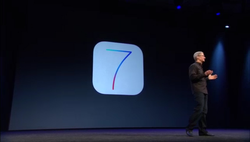 photo of Apple CEO Tim Cook on stage introducing iOS 7 at WWDC 2013